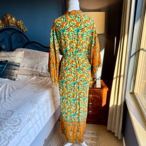 Yellow Orange and Blue Floral Boho 100% Cotton Kimono Robe - Picture 4 of 13